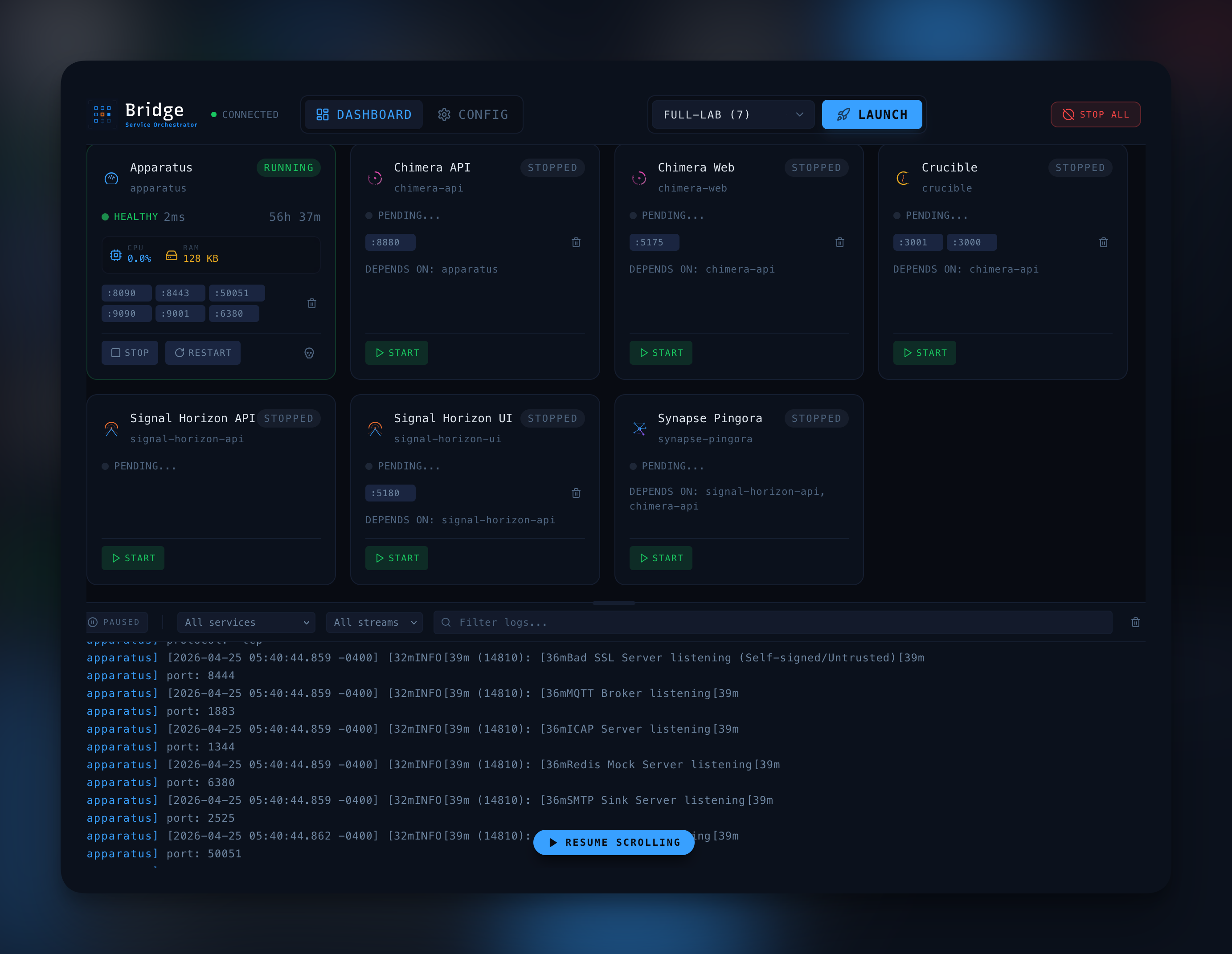 Bridge service orchestrator console — service inventory, configuration, and log streaming for Atlas Crew Security